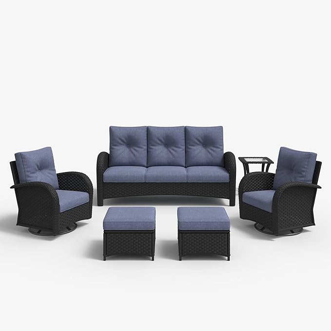 LayinSun 6 Pieces Outdoor Patio Furniture Set, Rattan Wicker Sectional Swivel Rocker Chairs Sets