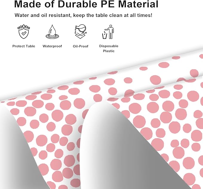 2 Pack White and Pink Dot Tablecloth, Pink Plastic Table Cloths for Parties Disposable, 54x108 in Waterproof Rectangular Camping Tablecloth for Birthday Party Baby Shower Picnic Valentines