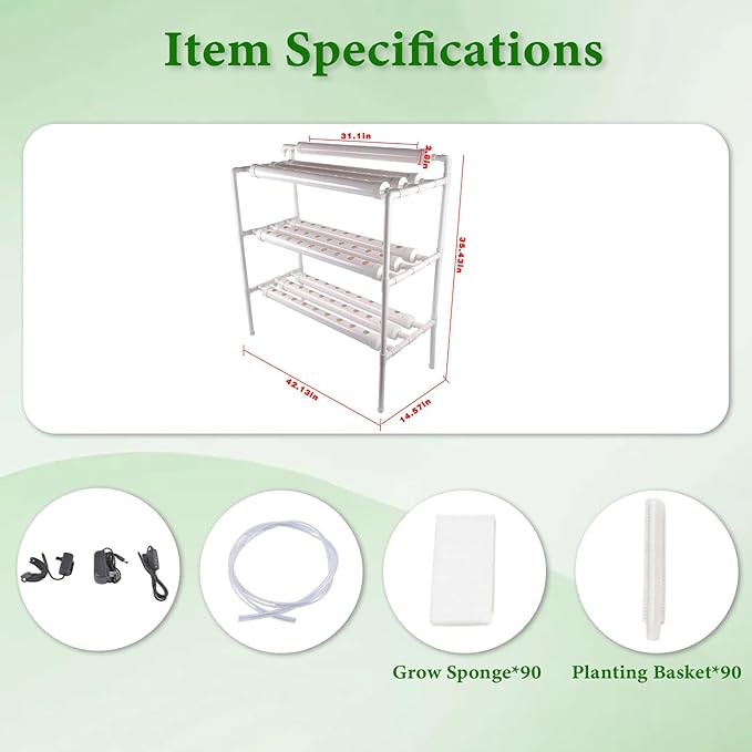 Hydroponic Grow Kit, 3 Layer 90 Plant Sites 10 Food-Grade PVC-U Pipes Hydroponics Planting System with Water Pump, Pump Timer, Nest Basket and Sponge for Leafy Vegetables