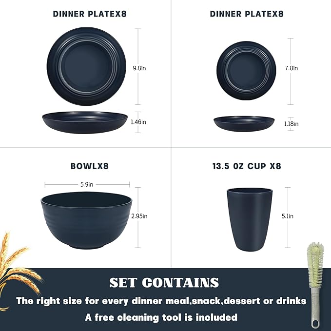 Kitchen Wheat Straw Dinnerware Sets (33pcs) Attached cleaning brush,Service For 8,Plastic Plates and Bowls Sets,Unbreakable Dinnerware,Lightweight Plastic Plate Set (Navy blue)