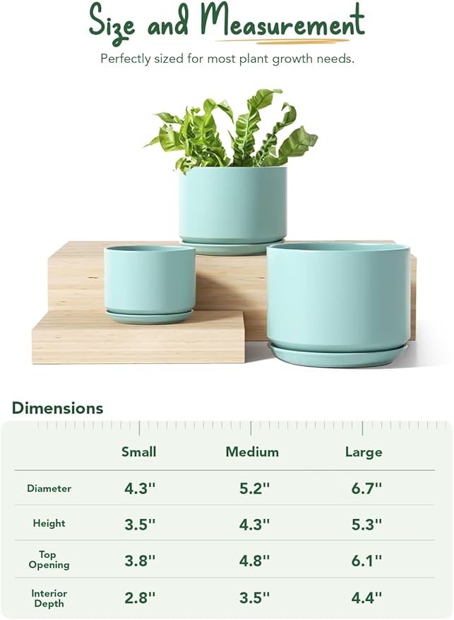 LE TAUCI Ceramic Plant Pots, 4.3+5.3+6.8 inch, Set of 3, Planters with Drainage Hole and Saucer, Indoor Flower Pot with Hole Mesh Pad, Gifts for Mom, Aqua