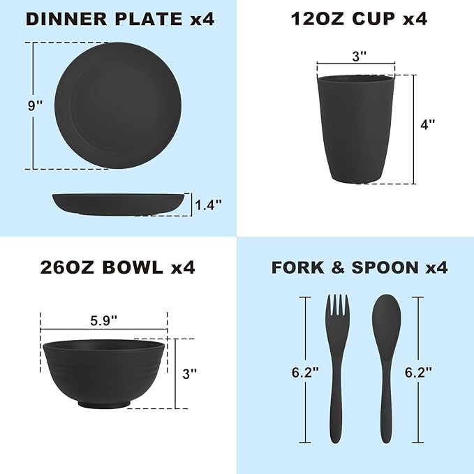Wheat Straw Dinnerware Sets, Unbreakable Plates and Bowls Sets 20-Piece Service for 4，Plastic Outdoor Camping Dishes, Microwave & Dishwasher Safe - Black