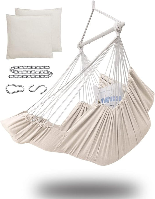 Miztli Hammock Chair Hanging Chair Swing for Bedroom with Foot Rest, Max 500 Lbs, Steel Spreader Bar with Anti-Slip Rings-2 Cushions Included-Indoor and Outdoor