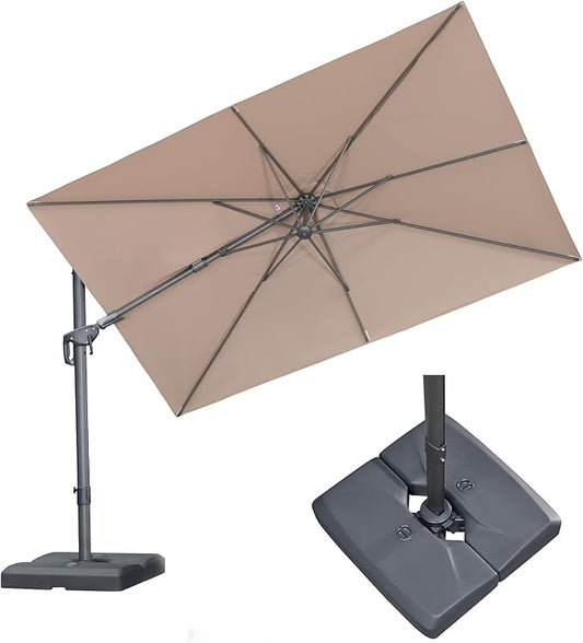 PURPLE LEAF 10' X 6.5' Swivel Outdoor Patio Aluminum Umbrella with Base Left-right Tilting Cantilever Offset Umbrella with UV Resistant Heavy Duty Fabric for Deck Pool Patio Backyard, Sand Dune
