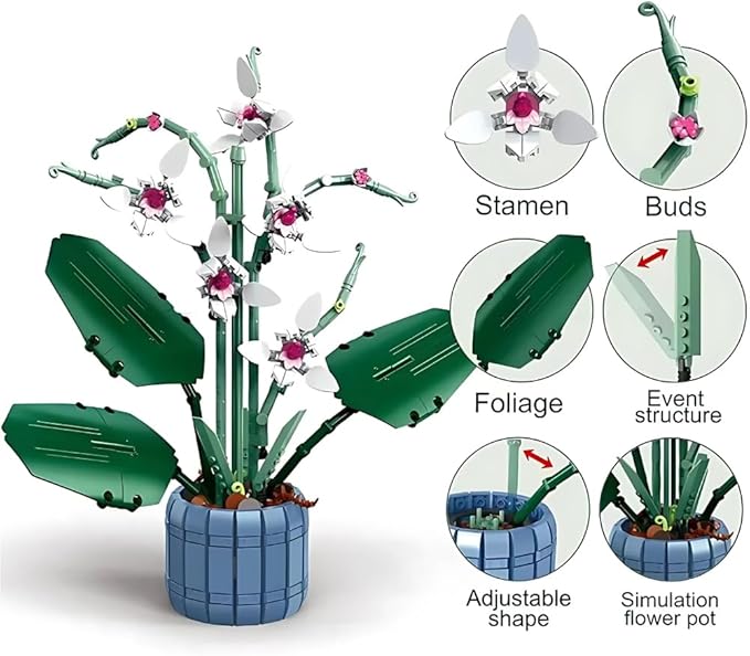 DIY Orchid Artificial Plant Building Kit – Creative Botanical Model with Vase, Relaxing Hobby Craft Set for Adults, Building Blocks Compatible with LEGO, Perfect for Home Decor, Birthdays, Anniversary