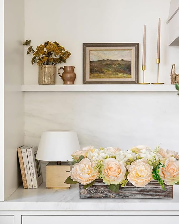 DILATATA Flower Arrangement with Wooden Vase 14" Artificial Flowers in Pot - Fake Flowers Roses Peonies Hydrangeas in Wooden Vase Potted Flower Centerpieces for Table Decor Living Room - Pale Yellow