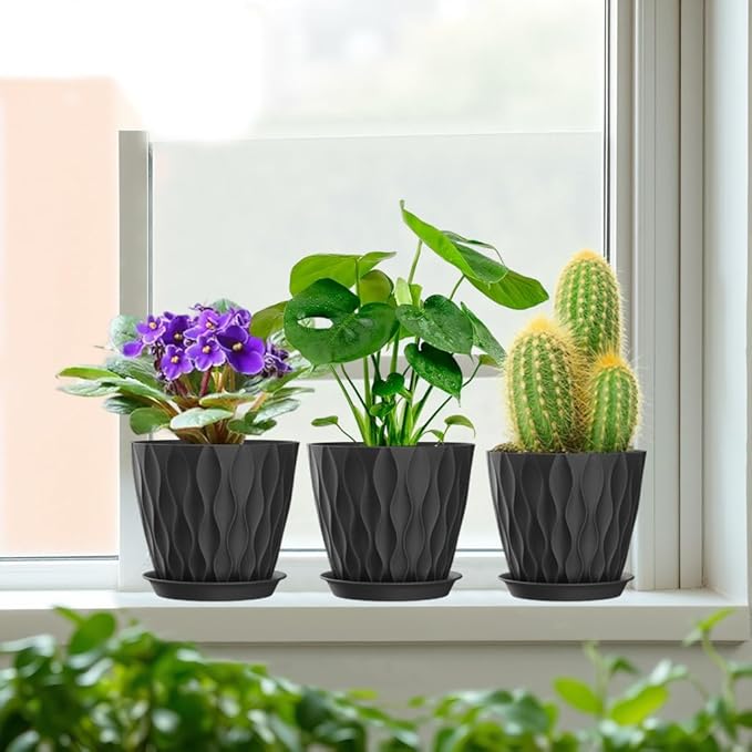7 Inch Plant Pots Set of 5, Plastic Flower Pots with Drainage Holes and Trays, Planter Pot for Indoor Plants, Decorative Pots for Plants Indoor/Outdoor （Multicolor）