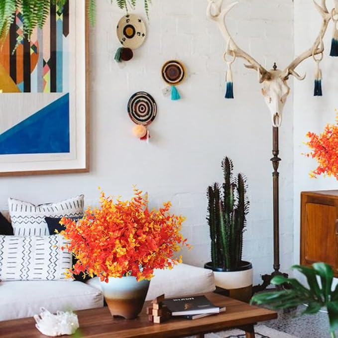 RECUTMS Artificial Outdoor Mums Artificial Eucalyptus Stems Faux Outdoor Boxwoods Faux Flowers for Outside Planters Outdoor Fake Potted Plants Faux Ferns for Outdoor Planter Large(Gold Eucalyptus)