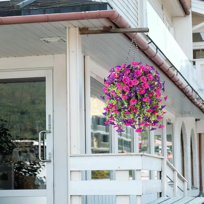 4PCS Artificial Hanging Flowers for Outdoor Decor UV Resistant Fake Morning Glory Realistic Silk Spring Summer Hanging Plants for Porch Patio Balcony Yard (Double Purple)