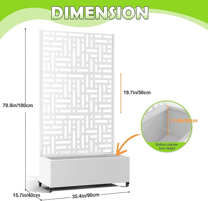 15.7"×70.9"×35.4" Metal Raised Garden Bed with Trellis and Wheels - Tall Trellis Planter Box for Climbing Plants, Vegetables & Vines - Outdoor Privacy Planters for Patio (White-Helen)