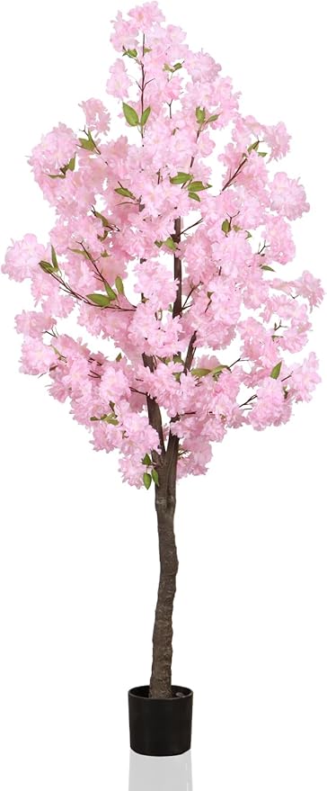 Artificial Pink Cherry Blossom Tree 5.5ft(67in) Tall Fake Silk Leaves Indoor Decor Handmade Lifelike Sakura Tree for Wedding Realistic Cherry Plant in Pot for Home Living Room,Office,Outdoor Decor