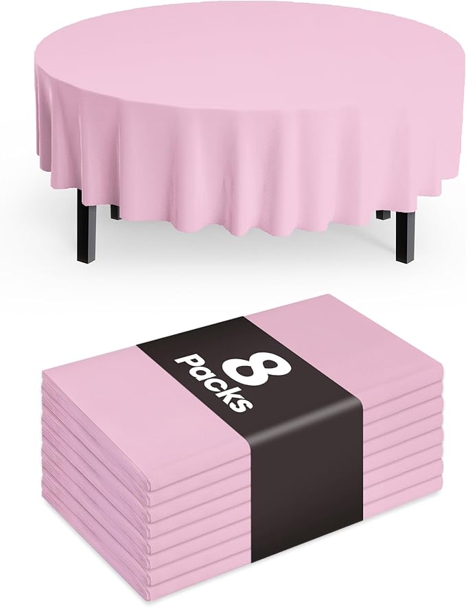 Pureegg Plastic Table Cloth Disposable 8 Pack, 84'' Round Table Cloths, Easter Party, Valentines, Mothers Day Decorations, Tablecloths, Round, Pastel Plastic Cover, Leakproof & Sturdy, Pink