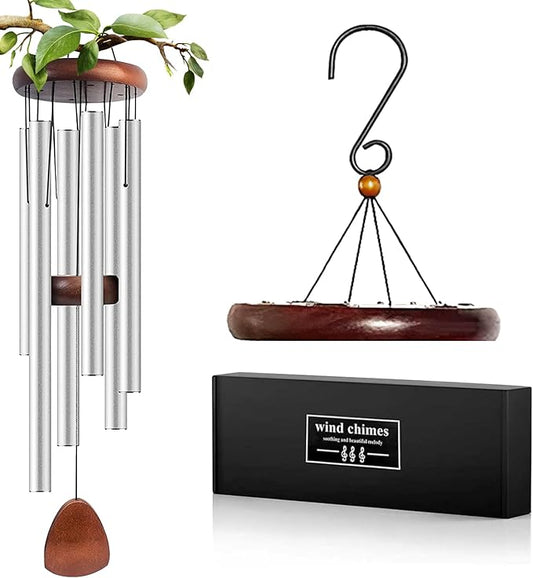 Aluminum Wind Chimes for Outdoor Garden and Yard with Soothing Deep Tones, Creates a Peaceful Ambiance with Sophisticated Wind Catcher, Ideal Calming Gift for Families (Silver, 37 Inches)