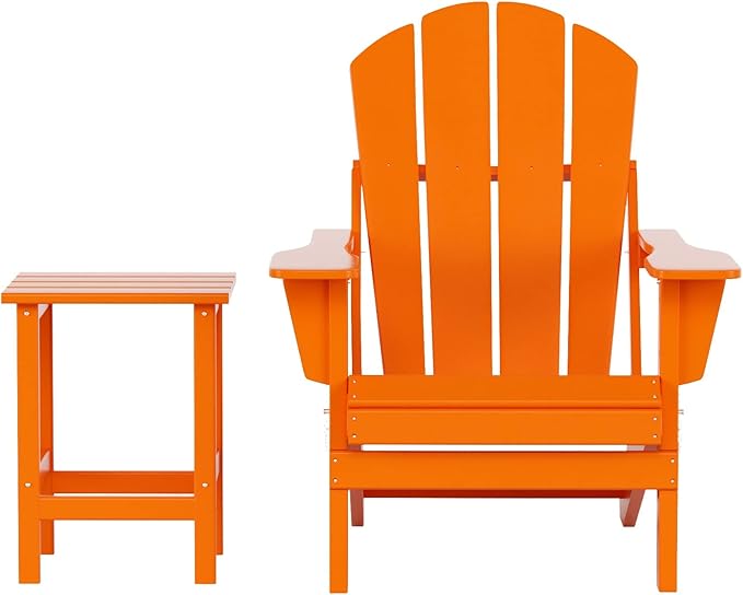 WO Home Furniture Adirondack Chair Table Set of 2 PCS Outdoor Folding Chair w Side Table Weather/UV Resistant for Lawn, Garden, Bon Fire, Balcony (Orange)