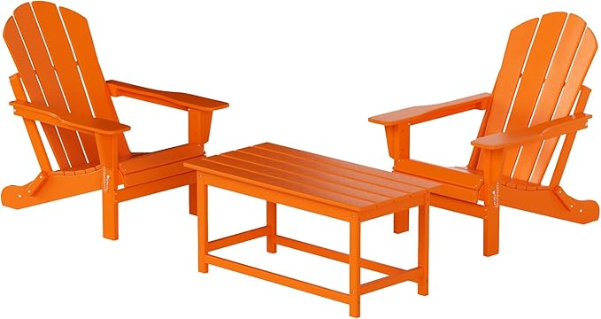 WO Home Furniture Adirondack Chairs Table Set of 3 PCS Outdoor Folding Chairs Coffee Table Weather/UV Resistant for Lawn, Garden, Bon Fire, Balcony (Orange)