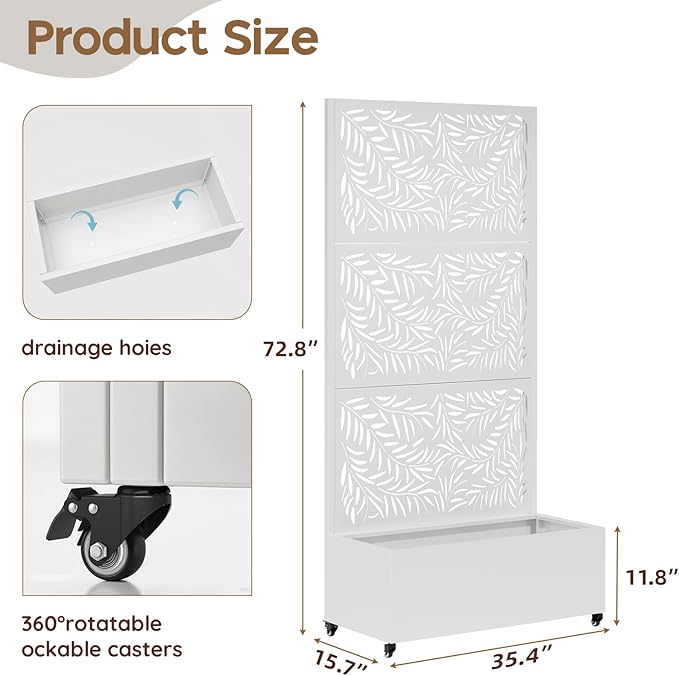 Metal Raised Garden Bed with Trellis & Wheels,70" x 35"x 15.7" Planter Box with Trellis,Privacy Planters for Patio,Garden Bed for Climbing Plants,Suitable for Climbing Plants and Vegetables,White