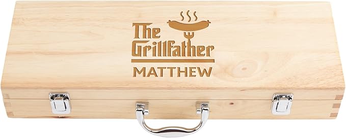 Custom Engraved BBQ Grill Set for Dad, 11pc Grilling Tool Accessories, Father's Day Grill Gift, Wooden BBQ Gifts for Men, Stainless Steel Barbecue Tool Set