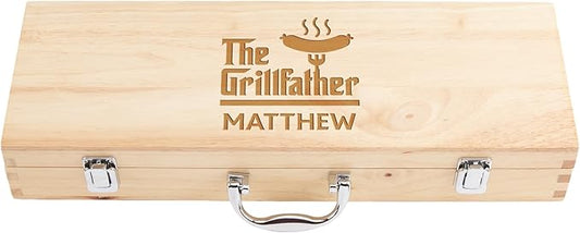 Custom Engraved BBQ Grill Set for Dad, 11pc Grilling Tool Accessories, Father's Day Grill Gift, Wooden BBQ Gifts for Men, Stainless Steel Barbecue Tool Set