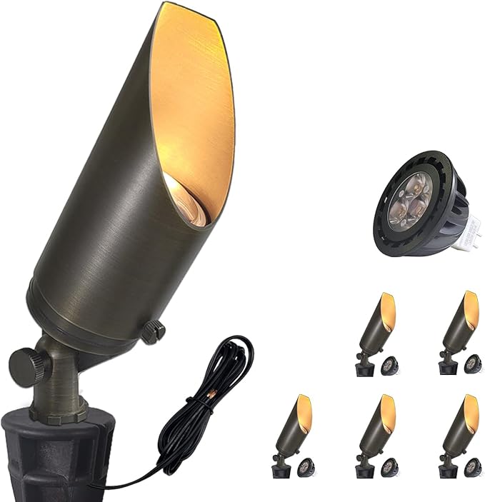 COLOER Brass Landscape Spotlights, 6 Pack Spotlight Fixture Outdoor with 5W Aluminum Housing MR16 LED Bulb 2700K 450LM,12V AC/DC Low Voltage Landscape Lighting,Uplight for Garden and Patio(103B)