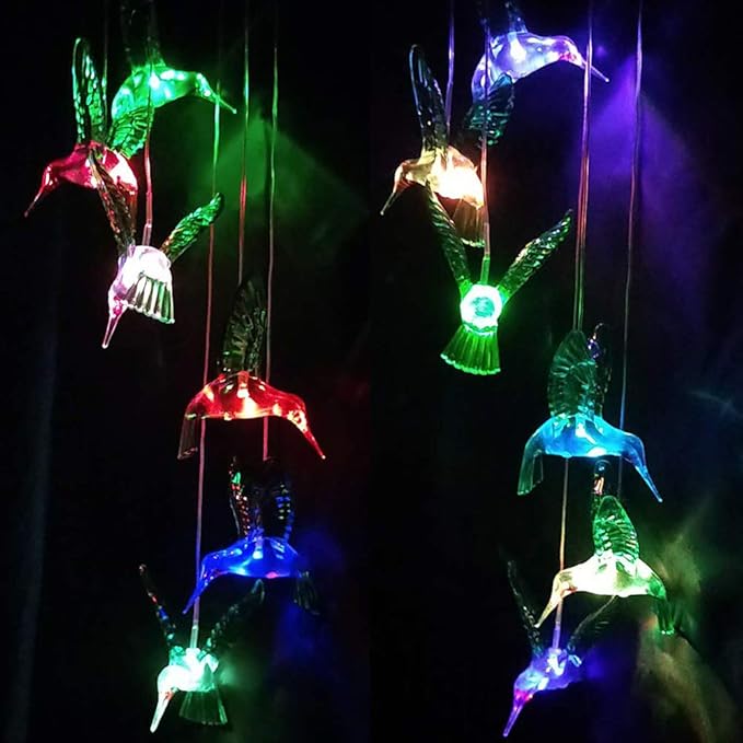 LED Solar Hummingbird Wind Chimes Outdoor - Waterproof Mobile Changing Light Color Wind Chime, Six Hummingbirds LED Wind Chimes for Home, Xmas Mom Gifts, Party, Festival Decor, Night Garden Decoration
