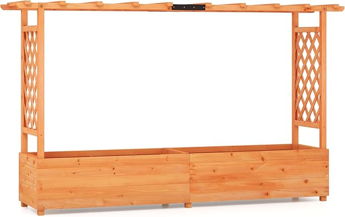 S AFSTAR 45-Inch Raised Garden Bed with Arch Trellis, Hanging Roof, Planter Box, Drainage Holes, Vertical Plant Container for Vine Climbing Plant Flower, Standing Wood Planter for Garden Patio Yard