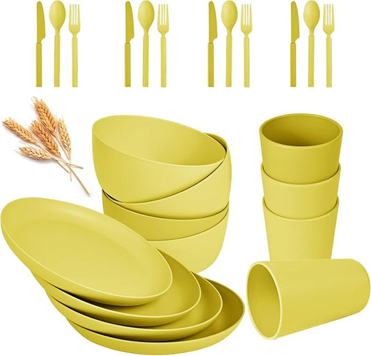 24pcs Wheat Straw Dinnerware Sets, Wheat Straw Plates and Bowls Sets for 4 Microwave Dishwasher Safe Lightweight （Yellow）