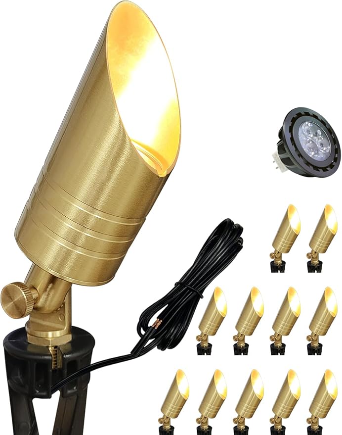 MALORY Brass Landscape Spotlight,12V AC/DC Low Voltage LED Landscape Lighting,Waterproof Spot Up Light for Garden,Patio and Yard (12-Pack with Bulb)