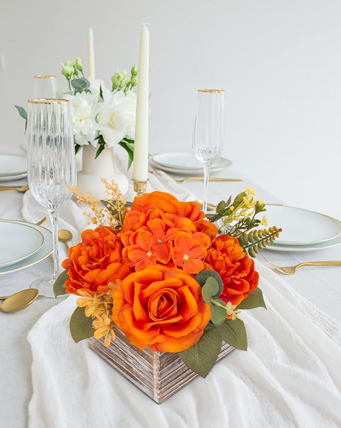 Flower Arrangement with Wooden Vase 8" Artificial Flowers in Pot - Fake Flowers Roses Peonies Hydrangeas in Wooden Vase Potted Artificial Flower Centerpieces for Table Decor Living Room - Burnt Orange