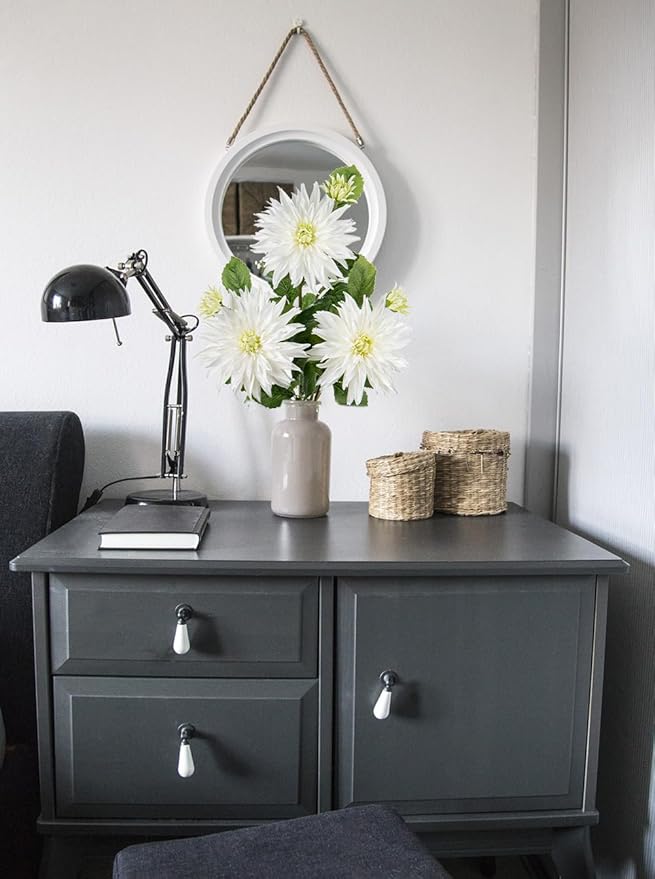 3Pcs White Artificial Dahlia Flowers 29.5" Fake Flower Silk Flowers with Long Stem Floral Arrangements Bouquets Faux Dahlias Flowers for DIY Wedding Party Centerpieces Decor Home Office Decoration