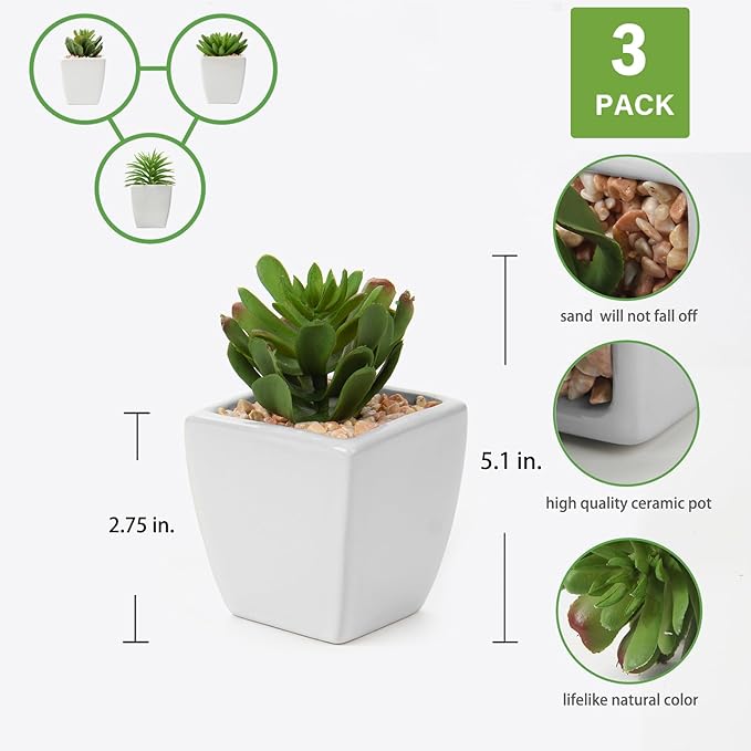 Briful Set of 3 Succulents Plants Artificial in Ceramic Pots Small Fake Succulents Plants Faux Plants Indoor for Window Sill Office Farmhouse Shelf Bathroom Decor