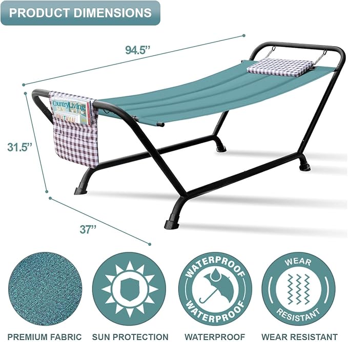 Sorbus Cozy Hammock Bed- Patio Hammock with Stand w/Pillow and Storage Pockets- Heavy Duty 500lbs Support- Durable Outdoor Hammock- For Patio, Garden, Backyard, Poolside- Weather Resistant Outdoor Bed