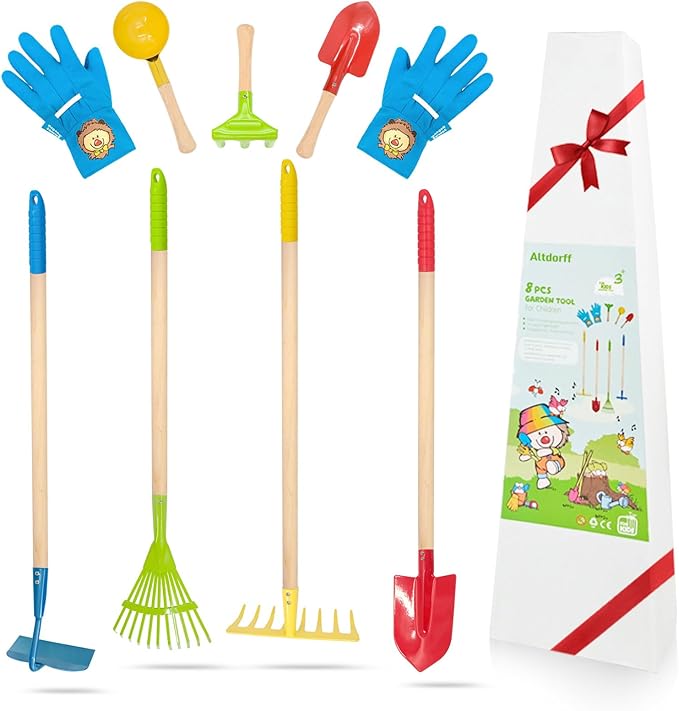 8PCS Kids Rake and Shovel Set, Yard Toys for Kids Ages 3-11, Include Colorful Long Rake, Shovel, Hoe, Leaf Rake, Garden Gifts for Children Outdoor Play