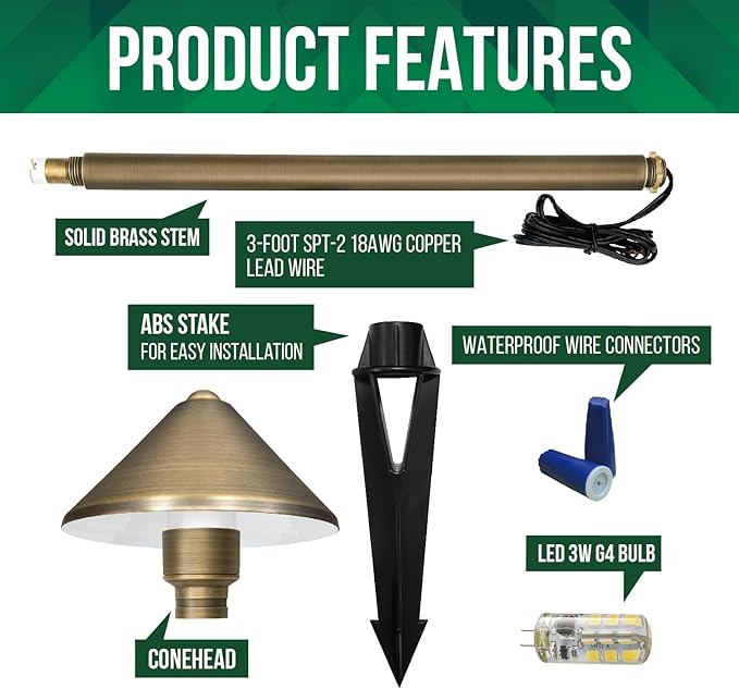 GKOLED Solid Brass Landscape Path Lights (5" Shade, 20" Tall), Low Voltage LED 3W 12-24V AC/DC Conehead Path Lighting, 2700K Outdoor Waterproof Walkway Light, with Stake and G4 Bulb, 2 Pack