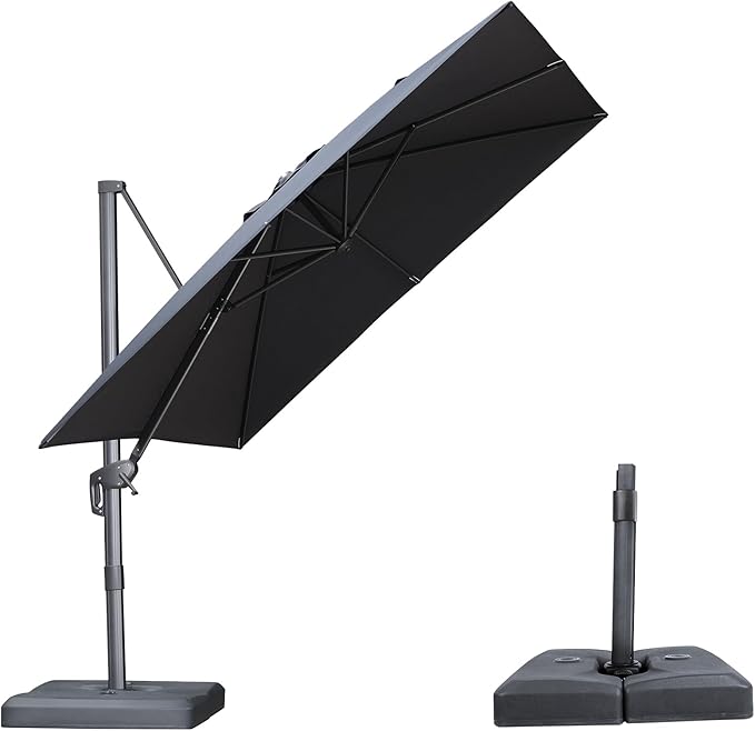 PURPLE LEAF 9 FT Outdoor Umbrella with Base Patio Cantilever Aluminum Umbrella with 3 Years Fade Resistance Recycled Fabric Offset Square with 360-degree Rotation for Deck Pool Garden, Graphite Grey