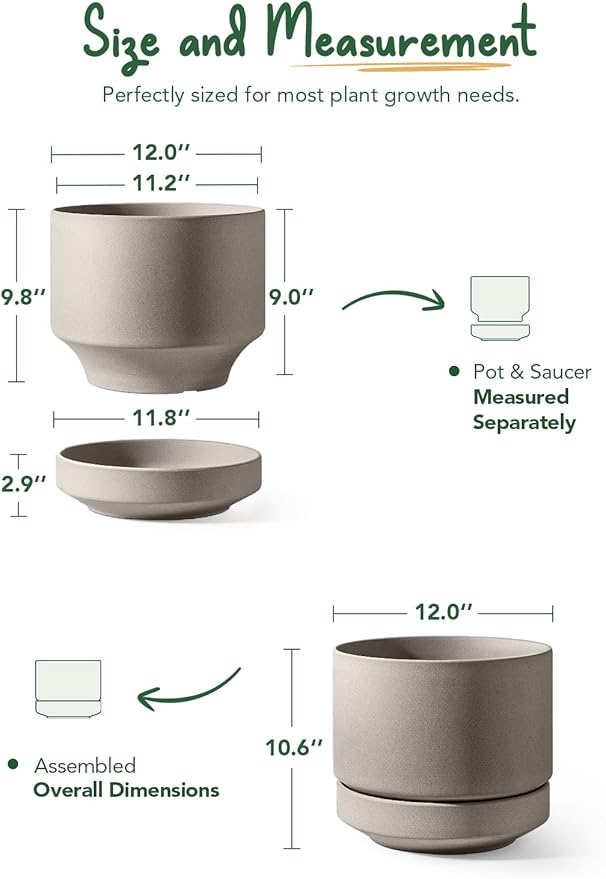 LE TAUCI 12 Inch Pots for Plants with Saucer | Ceramic Outdoor & Indoor Planter Pot for Plants | Drainage Hole, Mesh Pad & Plug | Unglazed Porous | Modern for Home, Office and Patio – Neutral Gray