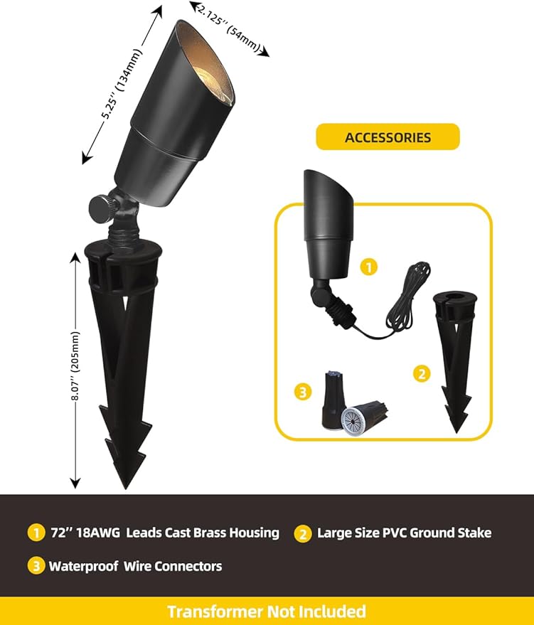 COLOER Brass Low Voltage Landscape Spotlight Fixture(Black) 10-Pack Without Bulb,12V AC/DC Outdoor Spot Lights for Yard, Directional Garden Patio Spot Up Light(101B-Black)