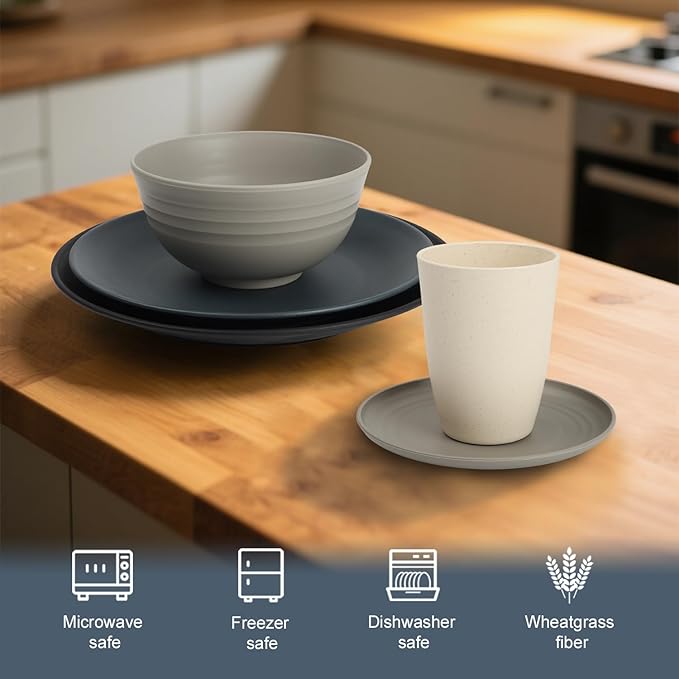 40 PCS Wheat Straw Dinnerware Set | Unbreakable Dishes Set for 8 - Alternative to Plastic Plates and Bowls Sets, Cereal Bowl, Water Cups, Dishwasher & Microwave Safe Bowls for Kitchen - Dark