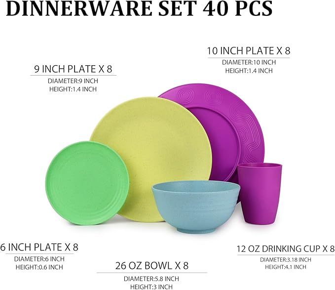 Kitchen Wheat Straw Dinnerware Set | Service for 8 | Unbreakable Dinnerware Set Plates and Bowls Sets Dinner Plates Dessert Plate Drinking Glasses Cereal Bowls Kitchen Dishes Sets - Memphis