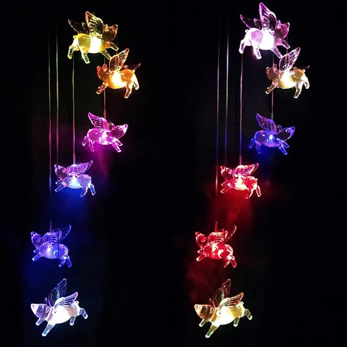 LED Solar Fly Pigs Wind Chimes Outdoor - Waterproof Solar Powered LED Changing Light Color 6 Flying Pigs Mobile Romantic Wind-Bell for Home, Party, Festival Decor, Night Garden Decoration