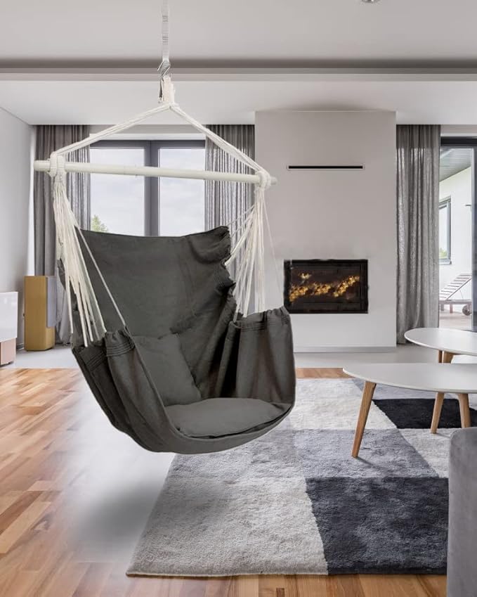 ADVOKAIR Hammock Chair Hanging Chair Swing Large Indoor with Anti-Slip Steel Spread Bar and Pocket-Max 500lbs-2 Cushions, Perfect for Bedroom,Outdoor,Patio, Porch,Backyard…