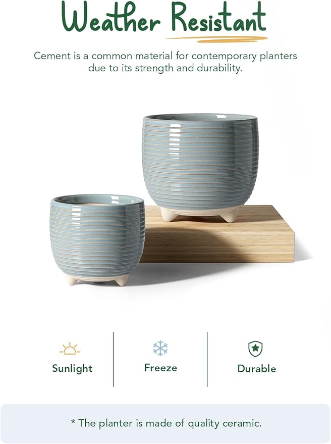 LE TAUCI Ceramic Plant Pots, 5.1 + 6.4 Inch Footed Pots for Plants, Modern Flower Pots for Home and Office, Indoor Planters with Drainage, Reactive Glaze Gray
