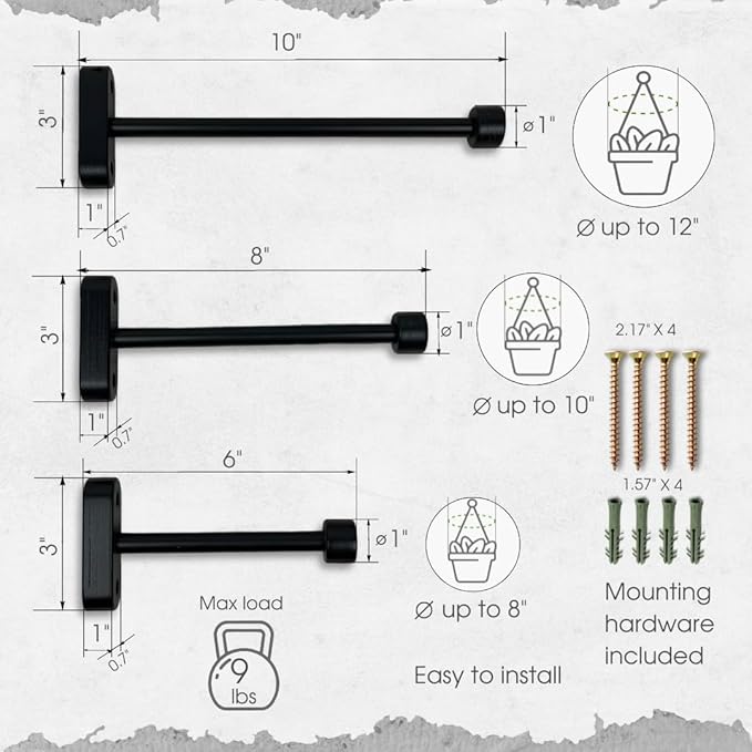 EvenWood 2-Piece Set of Wooden Plant Hooks for Wall with Sturdy Metal Tube - Plant Wall Hanger for Pots, Flower Brackets - Bracket Plant Hanger for Indoor and Outdoor Decorations (Black, 10 Inch)