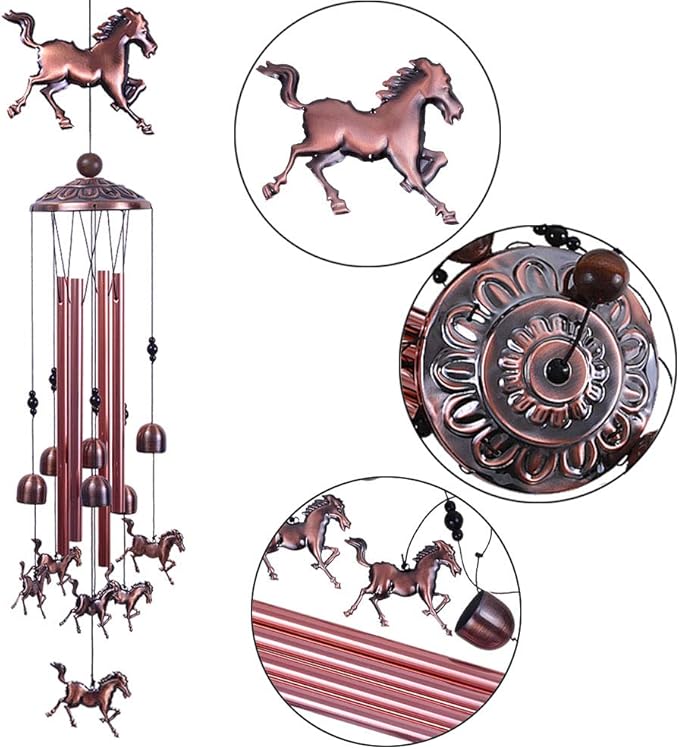 Horse Wind Chimes Decor- 37 Inch Pure Hand-Made Waterproof Metal Musical Wind Bells with 4 Aluminum Tubes 6 Bells Mobile Wind Catcher Romantic Wind Chime for Home, Festival, Indoor/Outdoor Decoration