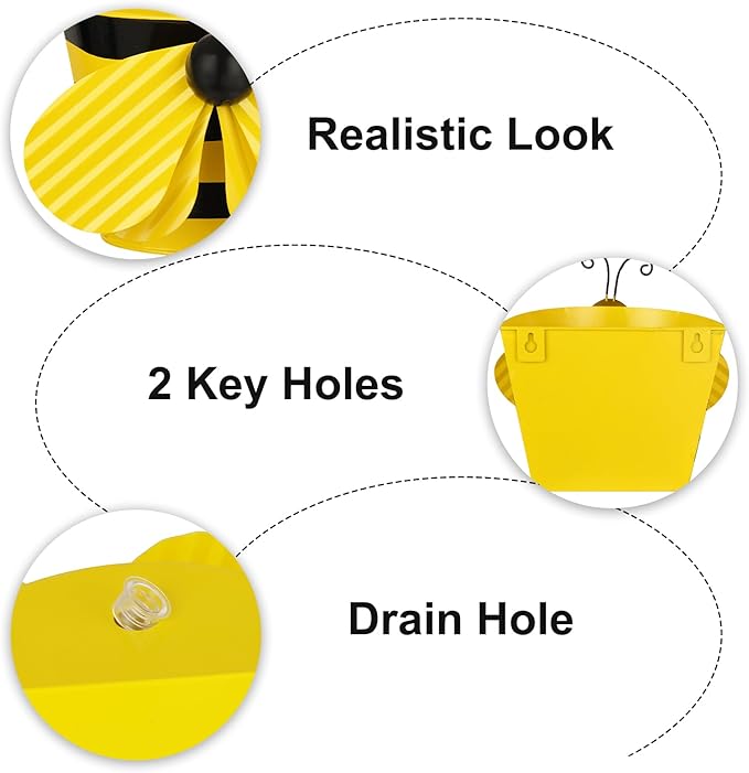 BAYN Set of 2 Bee Wall Hanging Planter Decor Art, Metal Wall Mounted Planters Garden Yard Decorative Flower Pot Indoor Outdoor Wall Planter Succulent Plant Container