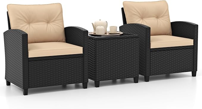 HAPPYGRILL 3 Pieces Wicker Patio Conversation Set, PE Rattan Bistro Sofa Set with Tempered Glass Coffee Table, Washable Cushions, Outdoor Furniture Set for Garden Poolside Balcony (Beige)
