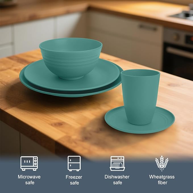 Dinnerware Sets 40 PCS Wheat Straw Plates and Bowls Sets With Cups | Service for 8 | Alternatives to Plastic Dinnerware Set Microwave Safe Dishese Set for RV Outdoor Activities Travel - Green