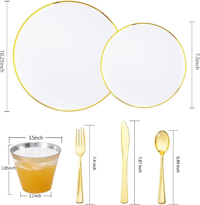 WELLIFE 600PCS White and Gold Plastic Dinnerware Set - Includes 100 Dinner Plates, 100 Dessert Plates, 300 Plastic Cutlery, 100 Cups - Perfect for 100 Guests, Weddings & Parties