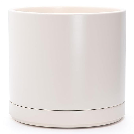 D'vine Dev 14 Inch Ceramic Planter Pot with Drainage Hole and Saucer, Indoor Cylinder Round Planter Pot, Oatmeal, 94-O-G-8