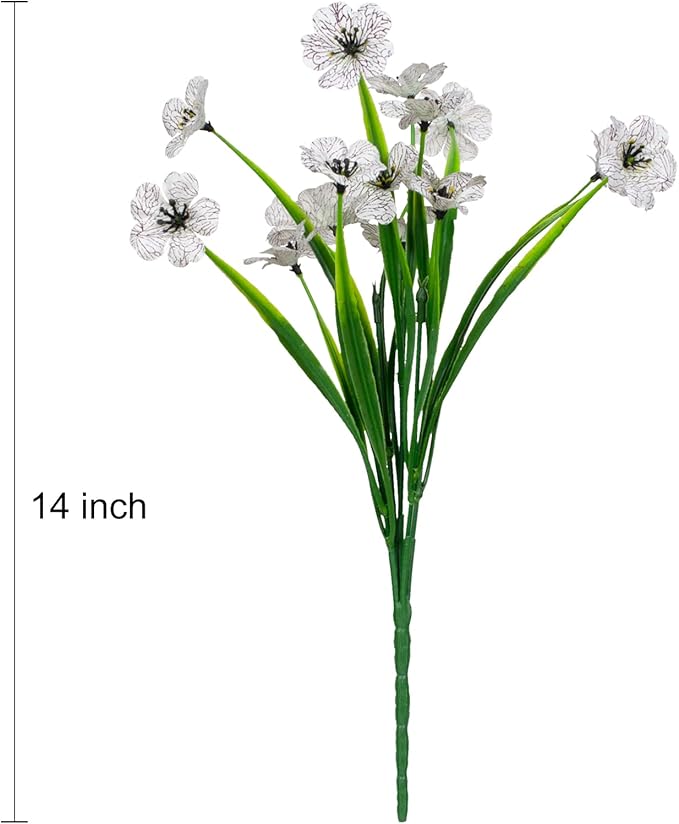 15 Bundles Artificial Flowers Outdoor UV Resistant Fake Silk Plants Plastic Faux Shrubs Outside Front Porch Window Box Garden Home Hanging Planter Decoration (White)