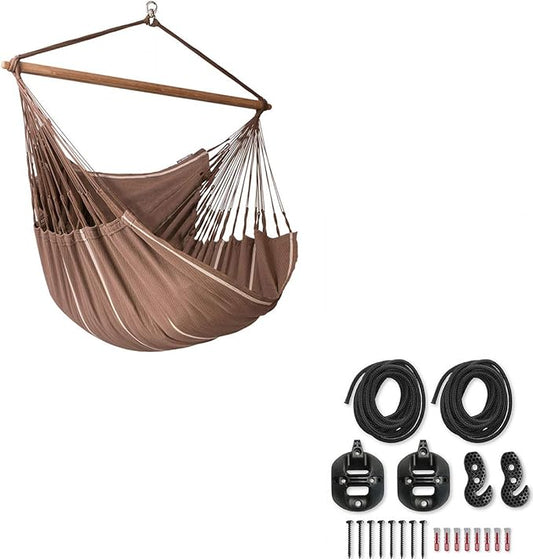 LA SIESTA® - XL King Habana Cotton Hammock Chair & CasaMount - Hanging Chair w/Suspension Kit for Walls Ceilings & Square Beams - Indoor Outdoor Swing Hanging Chair Bedroom Patio Balcony - Chocolate